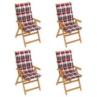 Vidaxl Záhradné stoličky 4 ks s červenými kockovanými podložkami tíkový masív