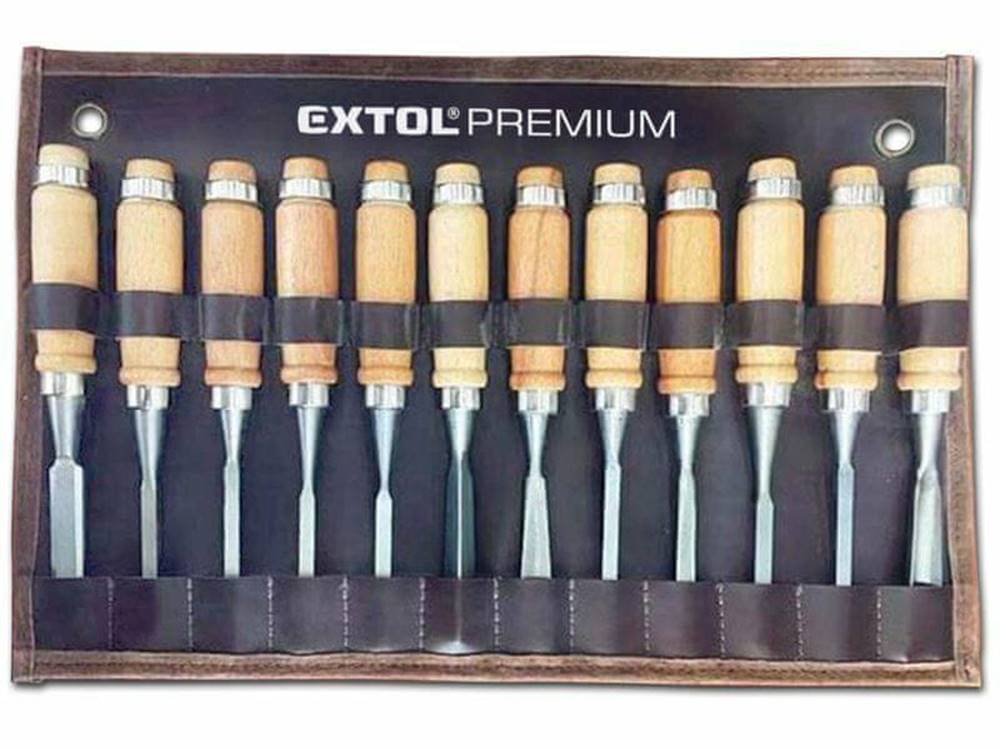 Extol Premium  Dláta rezbárske Cr-V,  12-dielna sada,  200mm,  drevené puzdro značky Extol Premium