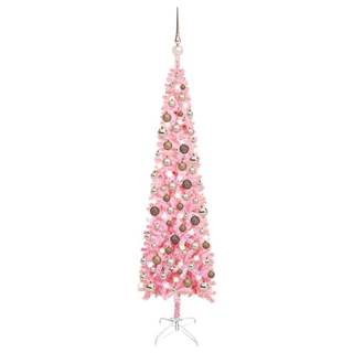 Vidaxl Úzky vianočný stromček s LED a sadou gulí ružový 120 cm